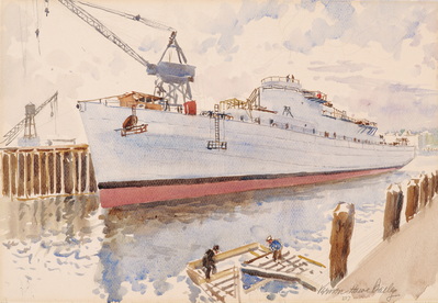 A MINELAYER AT OUTFITTING DOCK, WILLAMETTE IRON AND STEEL CORP.