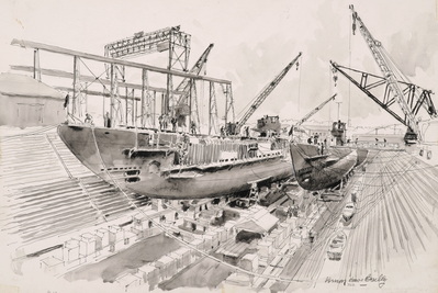 USS NARWHAL (LEFT) AND POMPANO IN DRYDOCK
