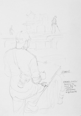 Richard Johnson Sketching the Island from the Catwalk of the USS