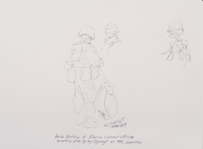 Quick Sketches of Marine Warrant Officer Awaiting Pickup by Ospreys at TBS Quantico