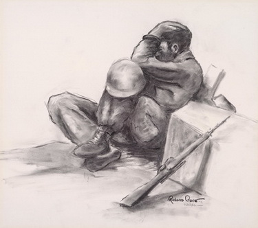 A Figure with Steel Pot on His Knees, Hand on Head