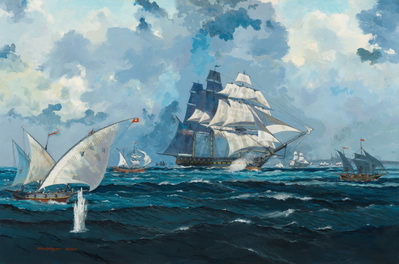 USS CONSTITUTION IN 1805 WITH TUNISIAN SHIP