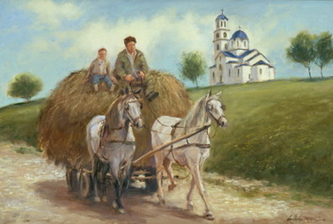 Farmer and Son Drive Their Hay Wagon Home