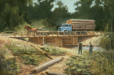  Horse Wagon and Lumber Truck cross Bridge