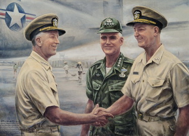 Informal Greeting: CNO Moorer, Rear Admiral Veth, and General Westmoreland