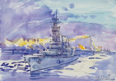 USS Missouri under Attack by Iraqi Silkworm - Sketch for 92-007-U