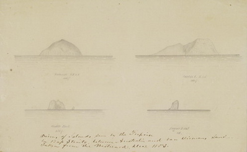 Sketch of Australian Island Rodonile, Curtis, Middle Rock & Sugar Loaf From USS Porpoise, 1853