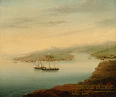BOARDING AND CAPTURING FRENCH ARMED SHIP IN HARBOR OF PORT PLATTE BY ISAAC HULL, 1800