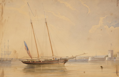 SCHOONER PETREL AT SYDNEY COVE, 1843