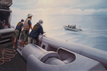 Navy Divers Depart in a Rigid Hull Inflatable Boat