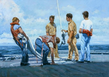 Line Workers on Elevator Deck, USS New Orleans