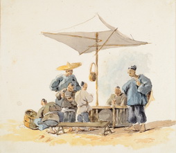 A Group of Chinese Figures Under an Awning