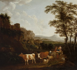 An Italian Landscape with Riders, Cows and Sheep, late 17th Century