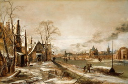 A Village Scene in Winter With a Frozen River